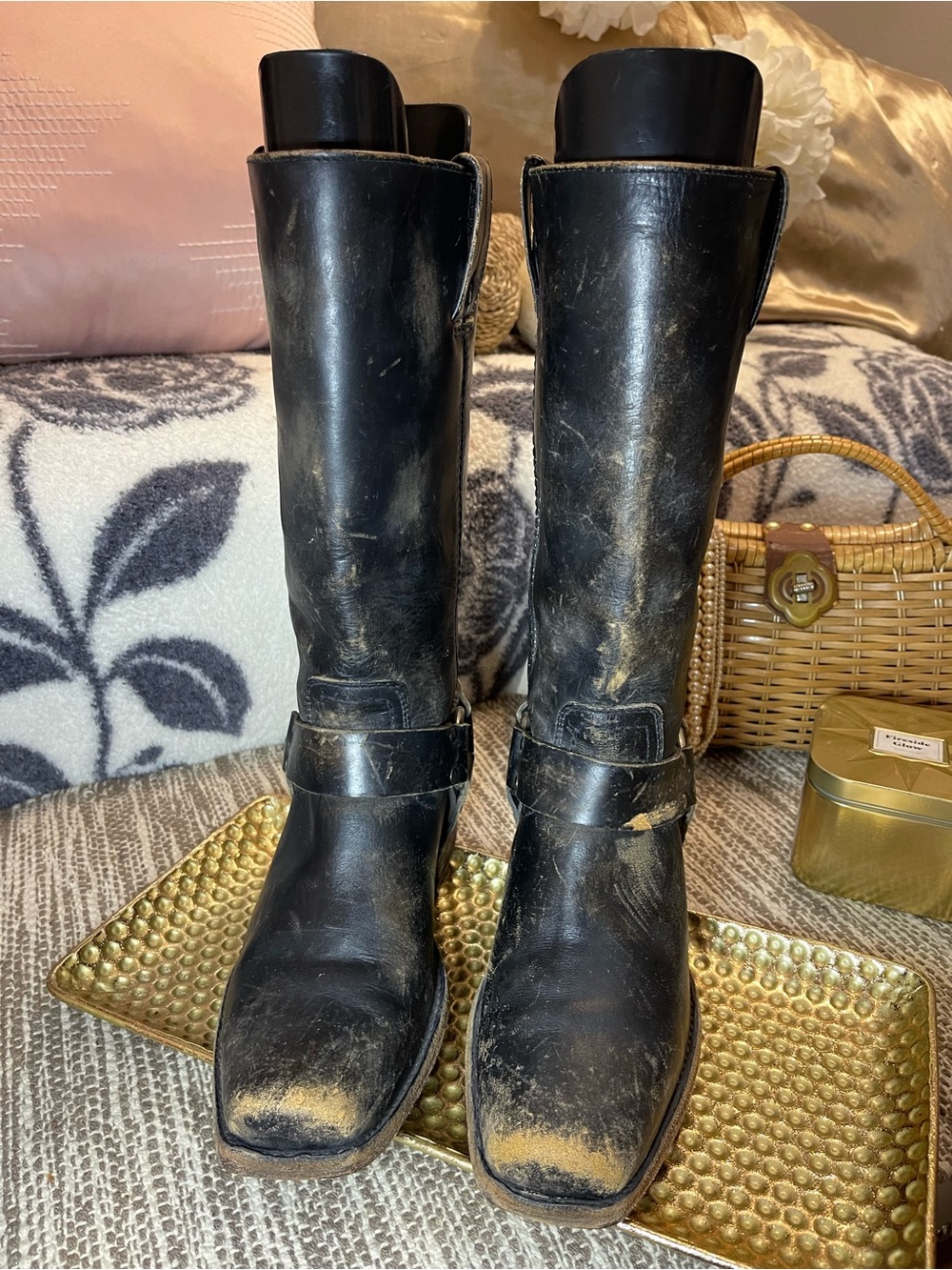 Frye Harness 12R Iconic Boots in Distressed Black Leather